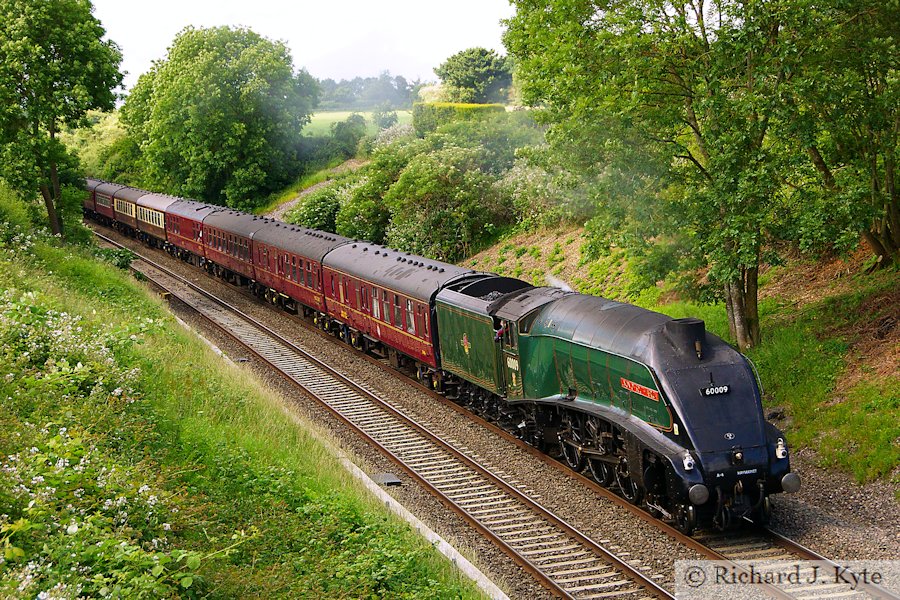 LNER A4 Class no. 60009 Union of South Africa passes through Bredon with the return Cotswold Venturer Tour