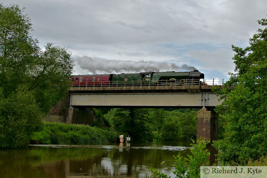 LNER A3 class no. 60103 Flying Scotsman crosses the River Avon at Evesham with the return Cotswold Explorer Railtour
