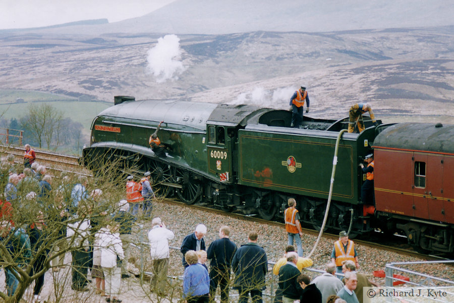 LNER A4 Class no. 60009 "Union of South Africa" is serviced at Garsdale, Cumbria, whilst hauling the "Cumbrian Mountain Express" Railtour