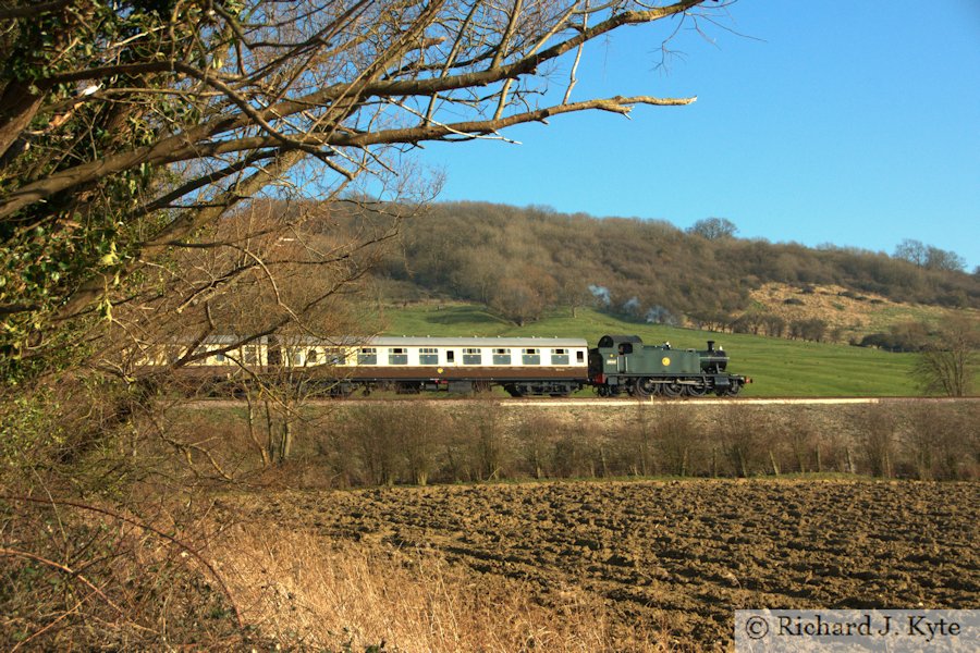 GWR 4575 class no. 5542 heads south from Gotherington, Gloucestershire Warwickshire Railway