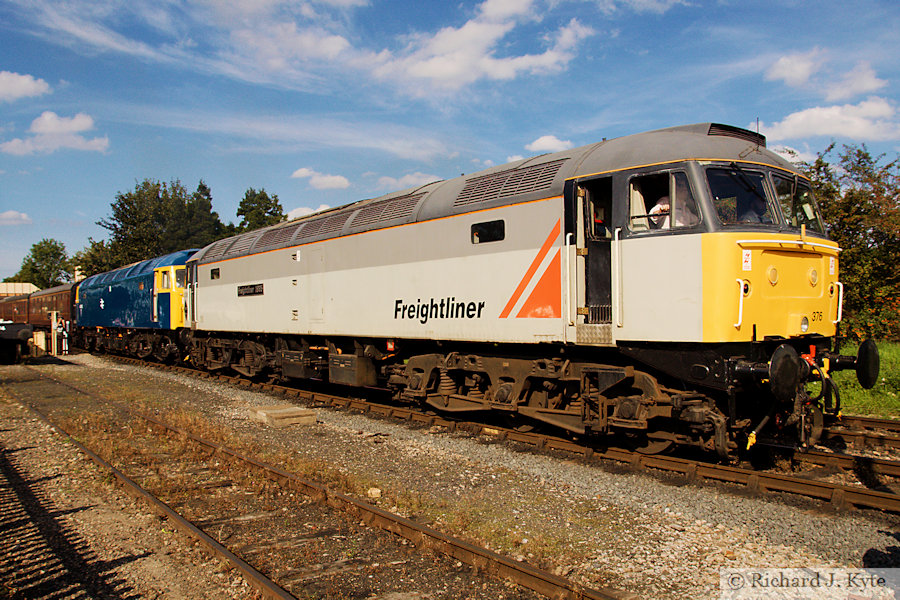 Class 47 Diesel no 47376 "Freightliner 1995" and no. 47105 depart Toddington, Gloucestershire Warwickshire Railway