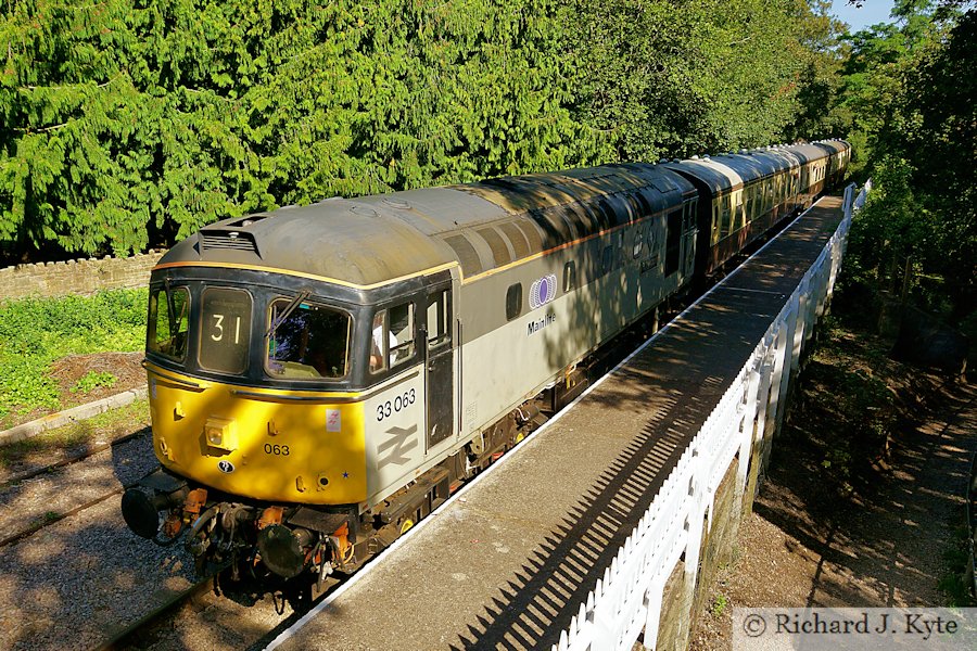 Class 33 Diesel no. 33063 R. J. Mitchell passes through St Mary's Halt with a Lydney Junction-bound train, Dean Forest Railway Diesel Gala, Gloucestershire