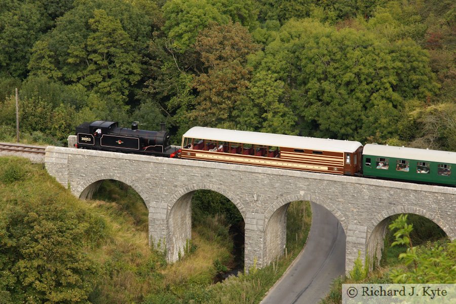 SR M7 Class no 30053 crosses Corfe Viaduct with a Norden Train, Corfe Castle,  Swanage Railway