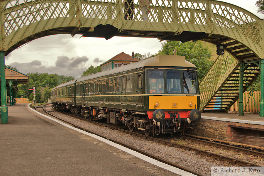 The Swanage Railway DMU arrives at Corfe Castle Station, bound for Swanage