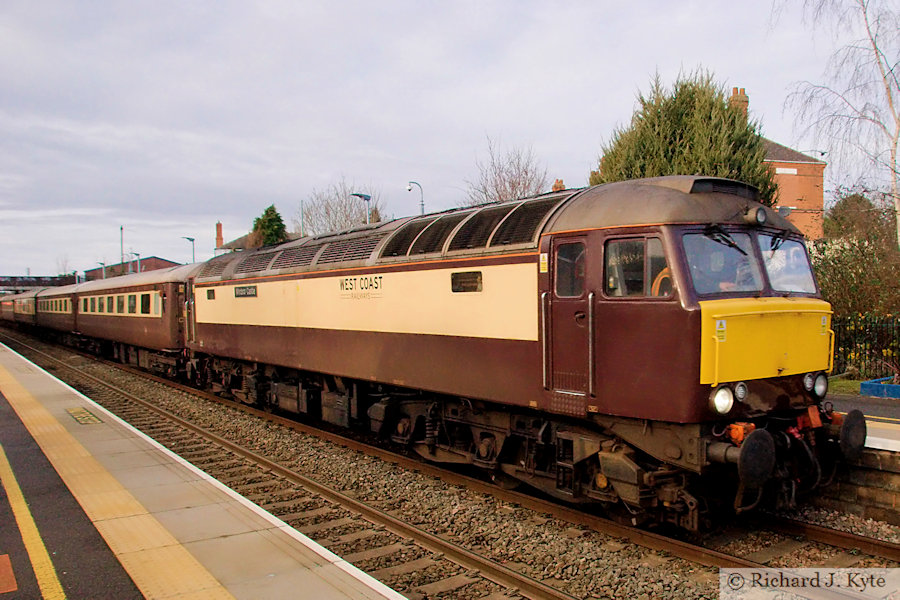 West Coast Railways Class 57 Diesel no. 57601 "Windsor Castle" passes through Evesham with a "Northern Belle" Dining Train (1Z25)