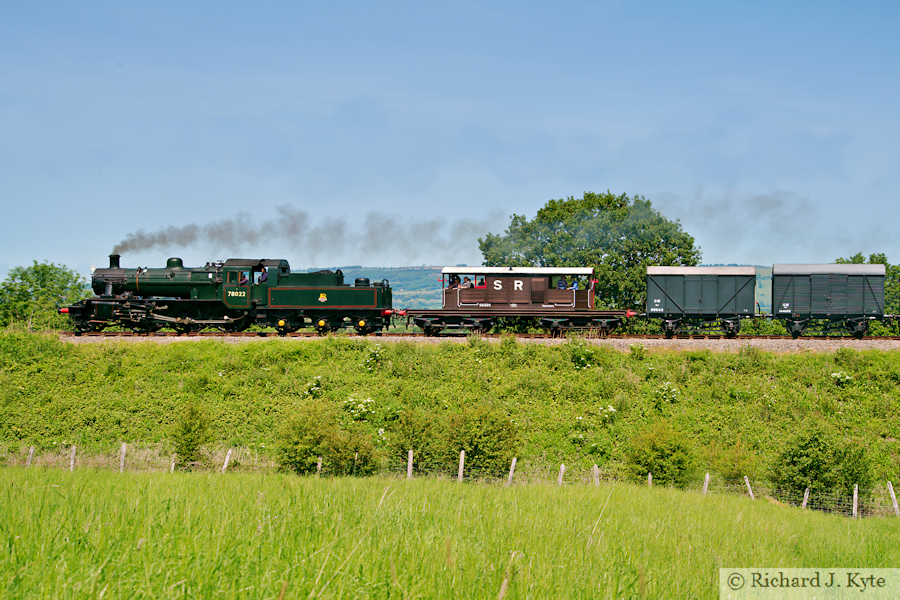 BR Class 2MT 2-6-0 no. 78022 heads west at Far Stanley with a Freight Train, Gloucestershire Warwickshire Railway