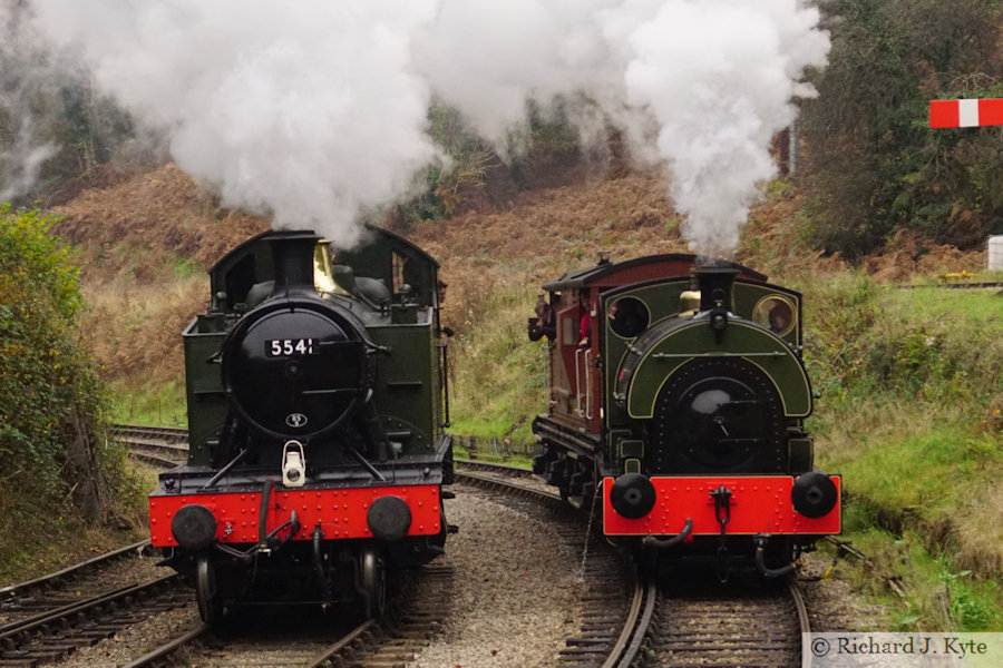 GWR no. 5541 and "Uskmouth No. 1" race each other into Norchard Low Level, Dean Forest Railway "Royal Forest of Steam" Gala