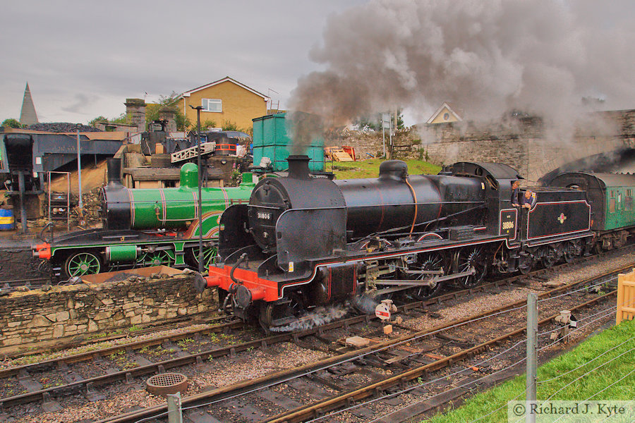 SR U Class no. 31806 departs Swanage, passing LSWR/SR T4 Class no. 563 on Swanage Shed