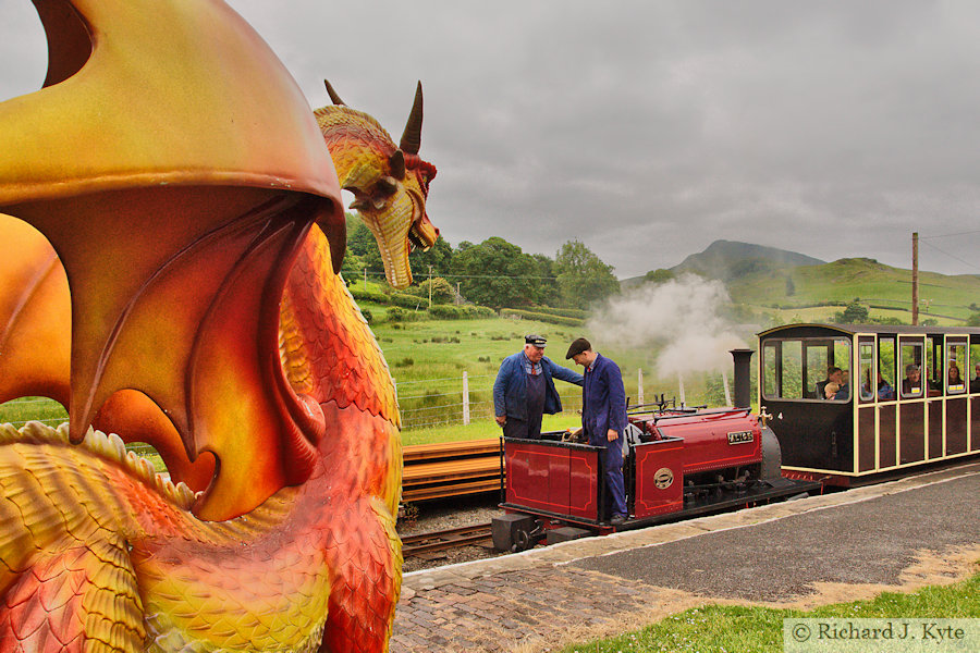 "Dai the Dragon" observes "Alice" departing Llanuwchllyn, Bala Lake Railway